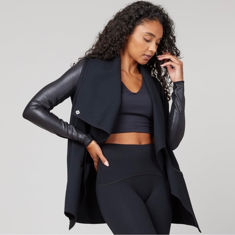 SPANX Black Drape Front Ponte Faux Leather Jacket Size 3X